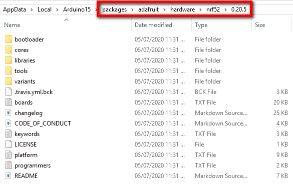 Arduino IDE: The Adafruit nRF52 Arduino BSP Directory
