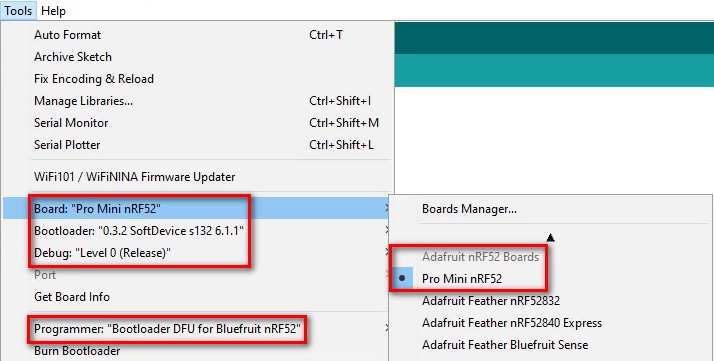 Arduino IDE Board Configuration Menu: Pro Mini nRF52 Settings