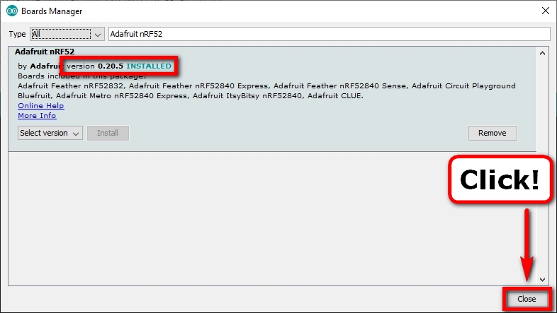 Arduino IDE Board Manager: Adafruit nRF52 Board Support Package Installed