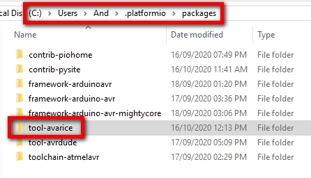PlatformIO Packages Directory with AVaRICE Tool
