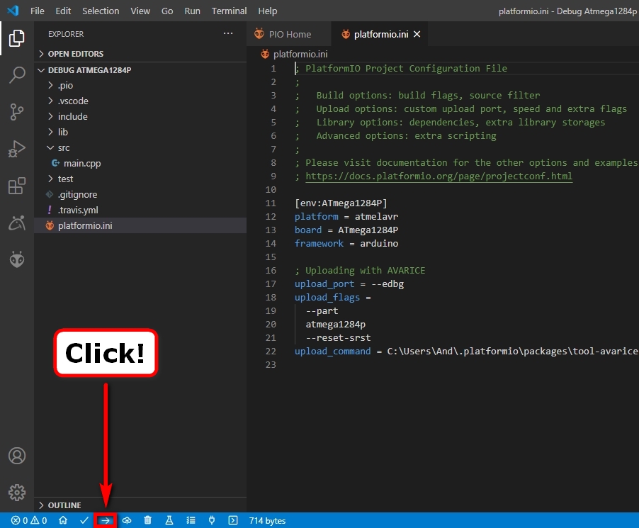Microsoft Visual Studio Code - PlatformIO - Upload Button