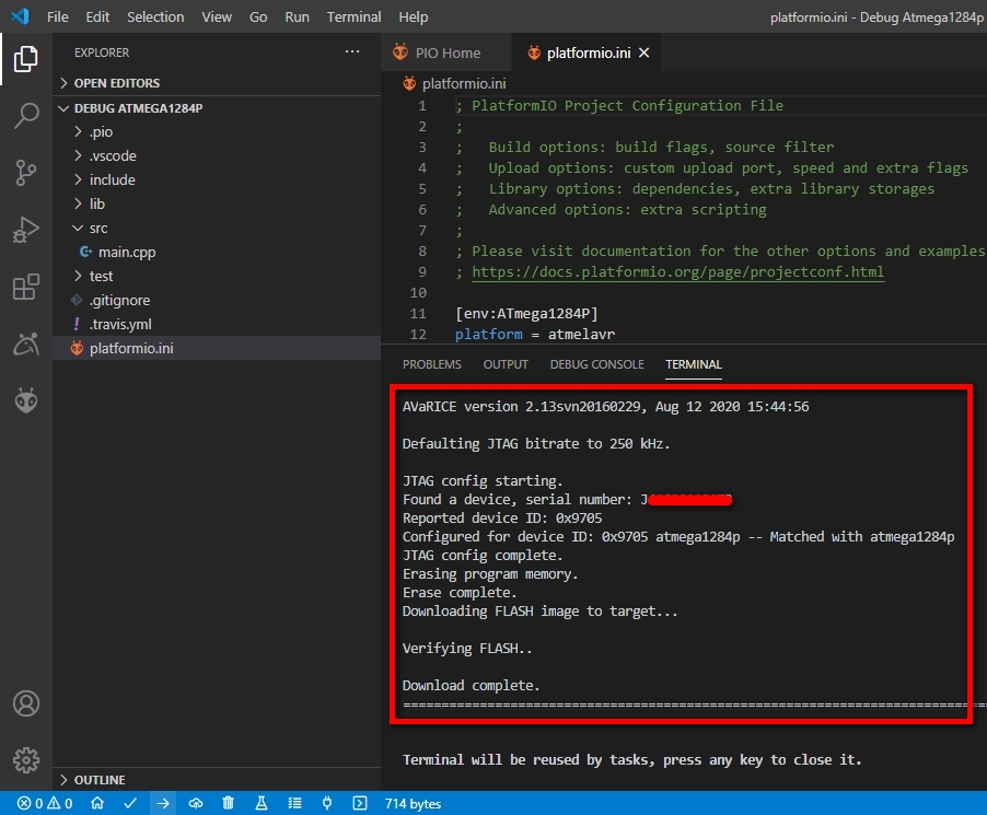 Microsoft Visual Studio Code - PlatformIO - Successfully Uploaded