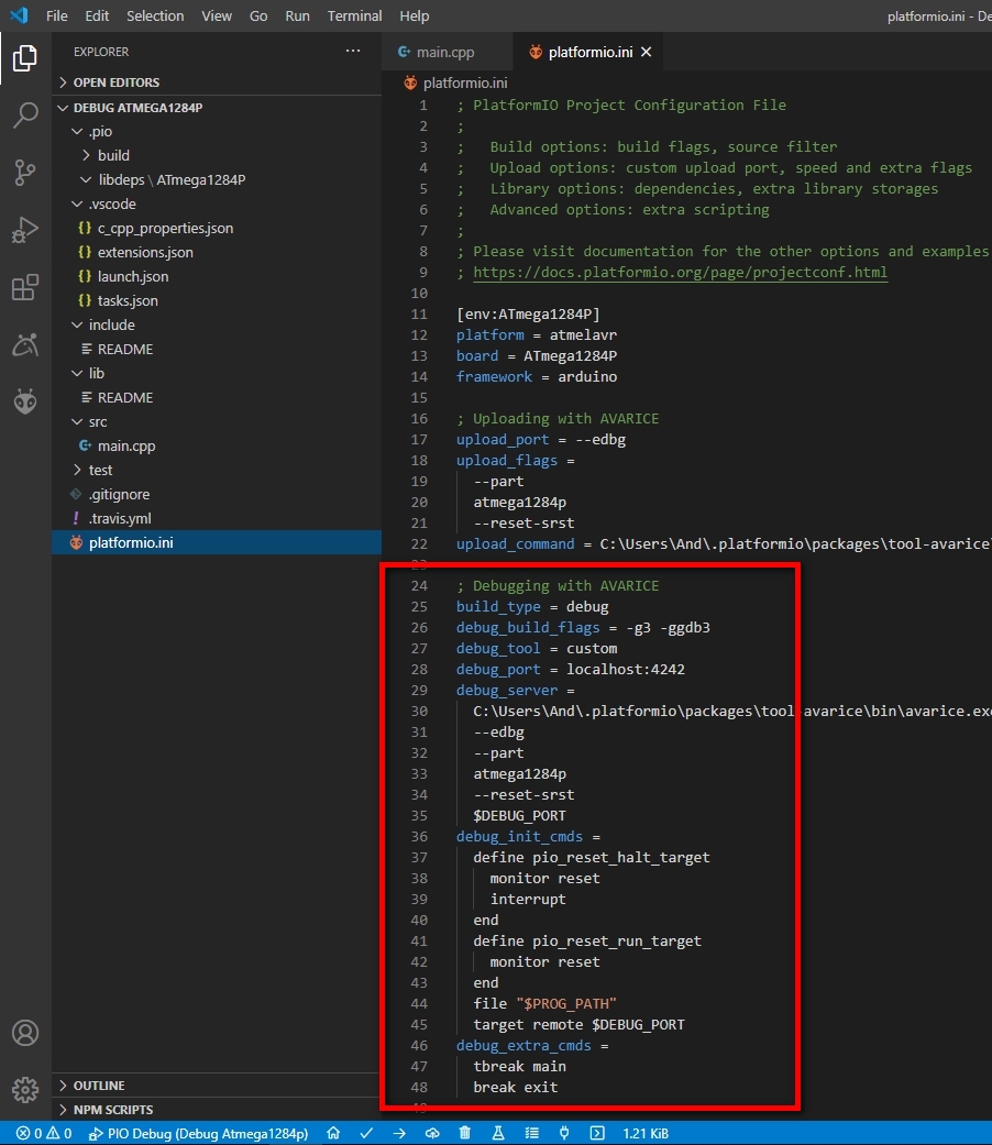 Microsoft Visual Studio Code - PlatformIO - platformio.ini Debug Options