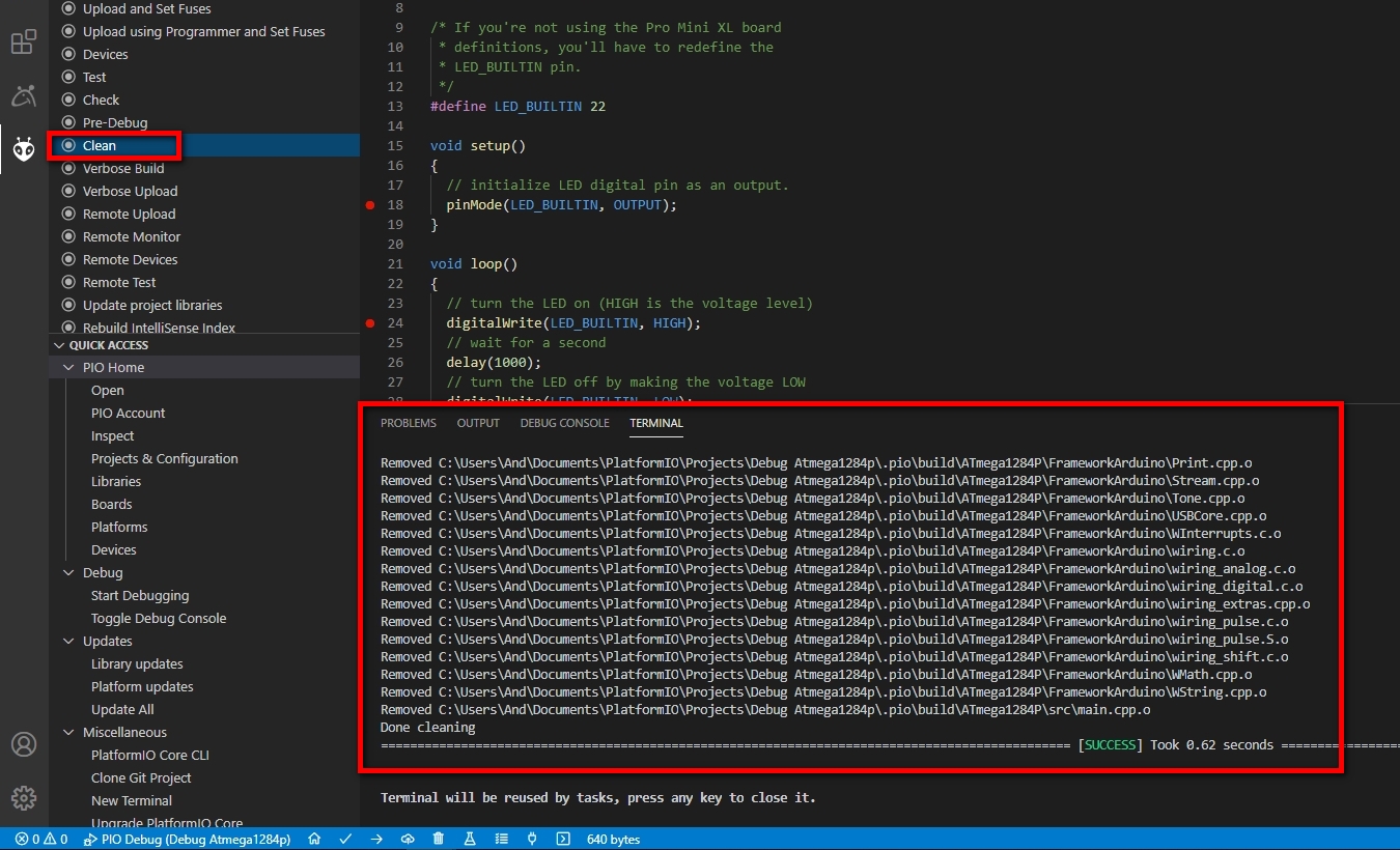 Microsoft Visual Studio Code: PlatformIO - Tasks - Cleaned