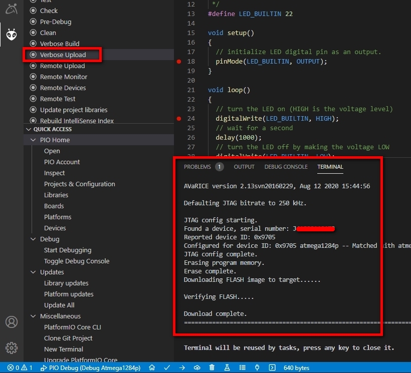 Microsoft Visual Studio Code: PlatformIO - Tasks - Verbose Uploaded
