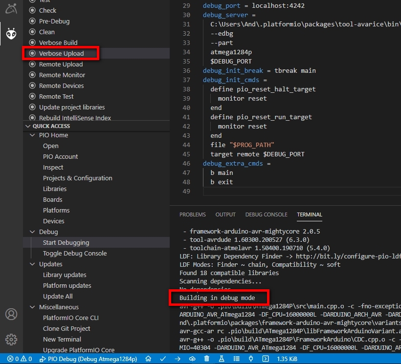 Microsoft Visual Studio Code: PlatformIO - Tasks - Verbose Uploaded - Debug Mode