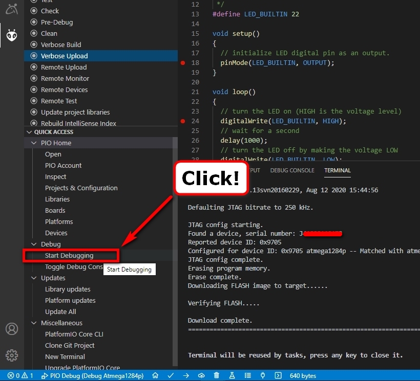 Microsoft Visual Studio Code: PlatformIO - Tasks - Start Debugging