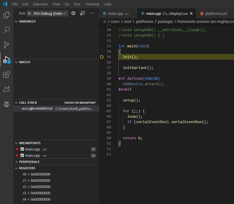 Microsoft Visual Studio Code: PlatformIO - Debug Started
