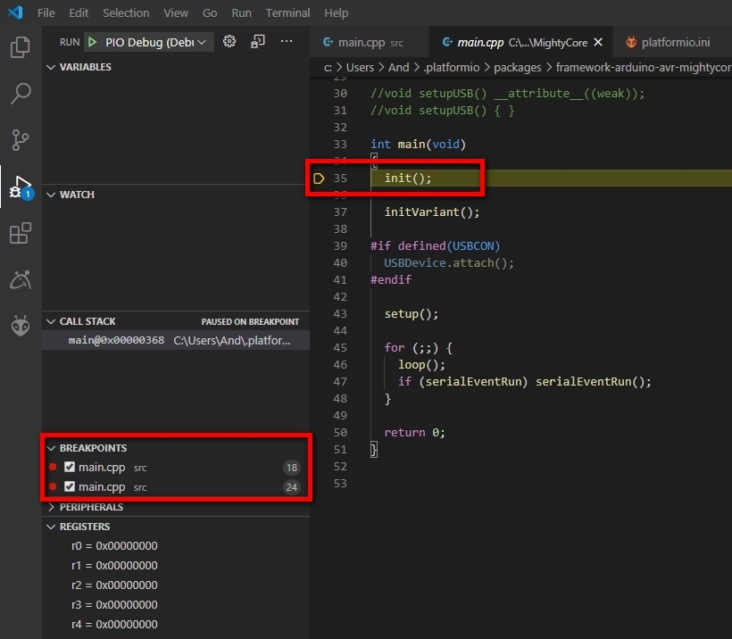 Microsoft Visual Studio Code: PlatformIO - Debug Started - Breakpoints and tbreak