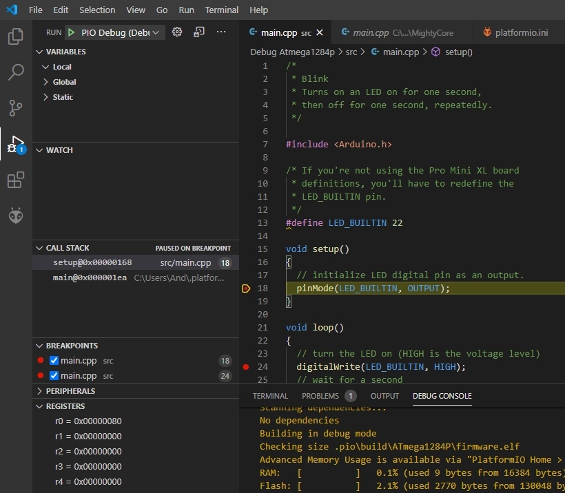 Microsoft Visual Studio Code: PlatformIO - Debugging - First Manual Breakpoint